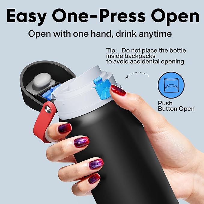 Insulated Water Bottle with Straw - Encool Stainless Steel Water Bottle with Push Button Lid, Leak-Proof & BPA-Free, Keeps Cold for 24 Hours for Sports, Travel, Gym (32 oz, Oil Black) ENCOOL