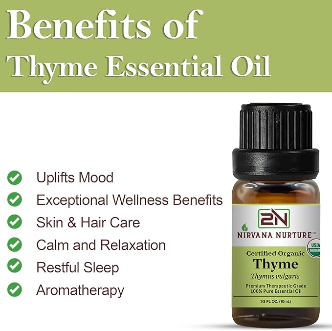 Thyme Essential Oil, USDA Certified Organic, 100% Pure Undiluted, Aromatherapy Oil for Diffuser, Hair & Skin Care NirvanaNurture