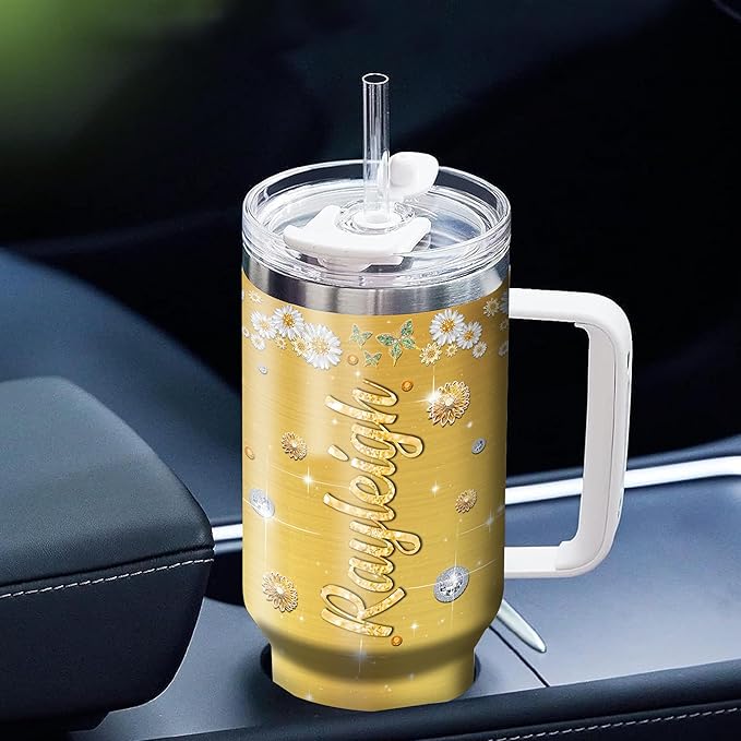 WAZONE Personalized Hippie Coffee Tumbler 40oz with Handle and Straw Custom Name Everything Is Gonna Be Alright Jewelry Style Stainless Steel Travel Mug Christmas Birthday Gift For Girls Women - Bloomnest