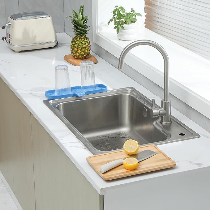 Silicone Bathroom Soap Dishes with Drain Spout-Bathroom and Kitchen Sink Organizer,Sponge Holder,Dish Soap Tray,Perfect for Dispenser,Scrubber,Bottle,Cup on Sink or Counter-Lichen Blue 12"×4" - Bloomnest