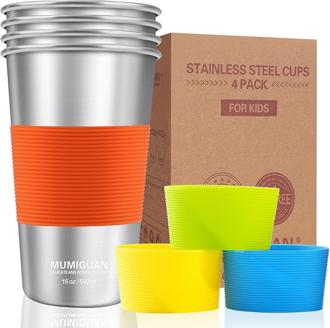 16 oz Stainless Steel Pint Cups with Silicone Sleeves 16oz/500ml (4 Pack), Water Tumbler, Camping Stainless Steel Pint Cups, Stackable Metal Drinking Glasses, BPA Free, Stackable, Durable. - Bloomnest