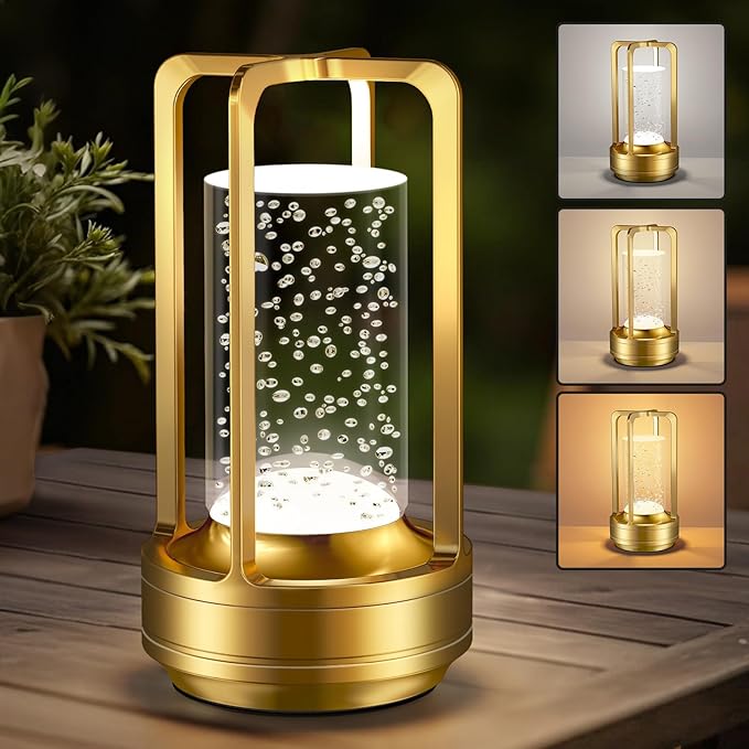 Portable Table Lamp for Outdoor Indoor: Cordless Rechargeable Desk Lamp with 3 Color Stepless Dimmable - Metal Battery Operated Small Lantern Light for Restaurant/Bedroom/Bar/Coffee Shop/Camping - Bloomnest
