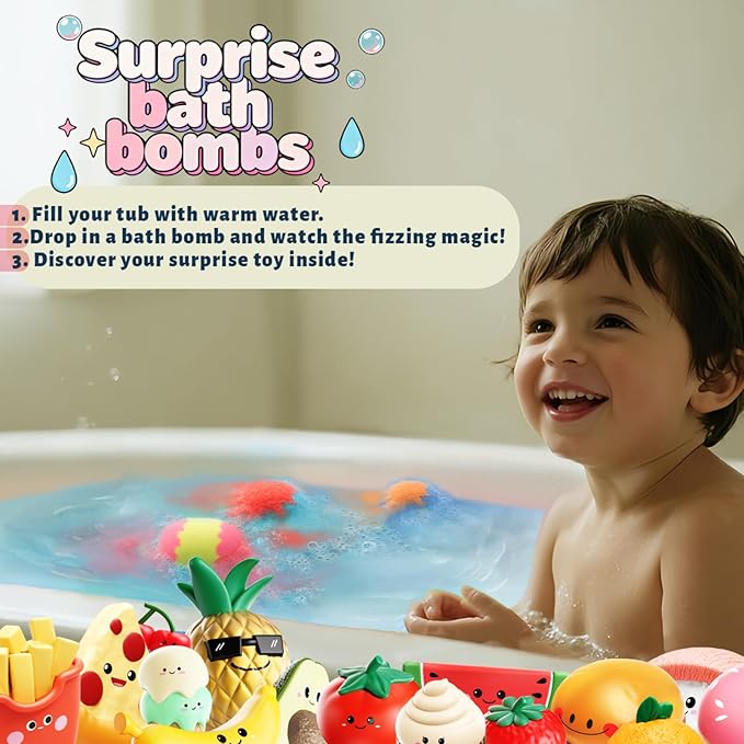 Kids Bath Bombs with Food Toys Inside, 16 Pack Colorful Surprise Bath Fizzies Set, Organic Fizzy Bubble Bath Bombs for Girls & Boys, Ages 3+ - Bloomnest