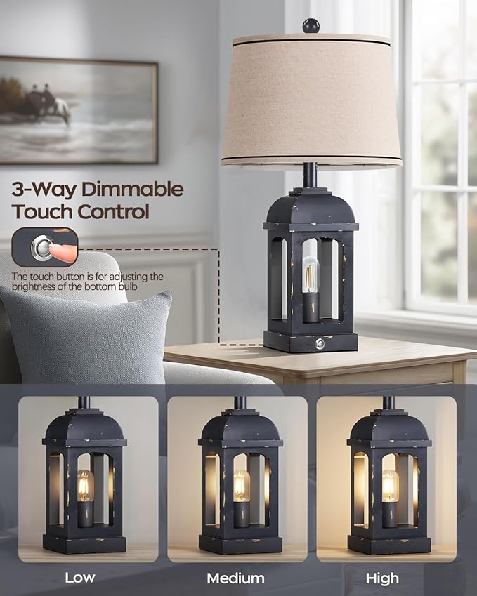 QiMH Table Lamp for Living Room, Farmhouse Lamps with USB A+C and Nightlight, 26" Rustic Bedside Lamps with 3-Way Dimmable Touch Control, Nightstand Lamp for Bedroom, Shabby Grey, 1 Pack - Bloomnest