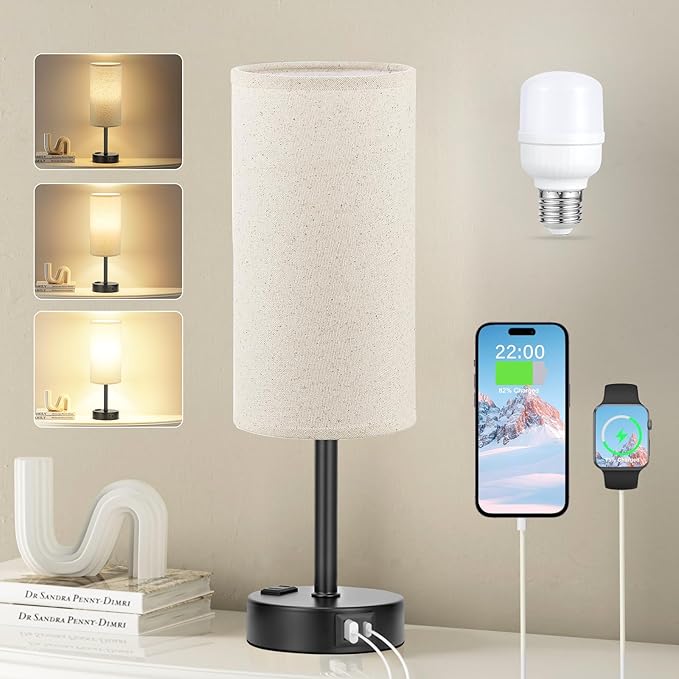 Fenmzee Beige Touch Table Lamp for Bedroom - 3 Way Dimmable Bedside Lamp USB C Charging Ports and AC Outlet, Small Lamp with Fabric Shade Black Base for Living Room, Office Desk, LED Bulb Included - Bloomnest
