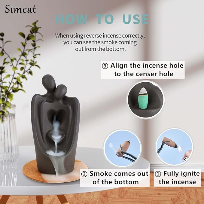 Simcat Backflow Incense Burner Handicraft Hugging Lovers Incense Waterfall Burner Ceramic Incense Holder Censer Romantic Home Decor +20 Backflow Incense Cones 30 Incense Sticks 1 Tweezer 1 Mat - Bloomnest