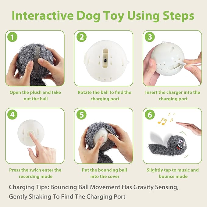 PETGEEK Interactive Dog Toys Ball - Rechargeable, Squeaky Plush Crazy Bouncer Dog Ball with Wiggles & Vibrations, Durable Moving Vibrating Toy for Small, Medium, Large Dogs (6 Inches, Gray) - Bloomnest
