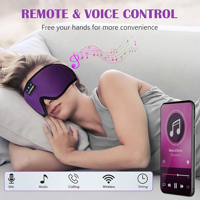 Sleep Headphones, Sleep Mask Bluetooth Wireless Music Eye Mask, Mask with Bluetooth Headphones Ultra-Thin Stereo Speakers Perfect for Sleeping (Purple) - Bloomnest