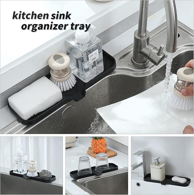 Silicone Bathroom Soap Dishes with Drain Spout-Bathroom and Kitchen Sink Organizer,Sponge Holder,Dish Soap Tray,Perfect for Dispenser,Scrubber,Bottle,Cup on Sink or Counter-Black 12"×4" - Bloomnest