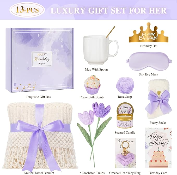 Birthday Gifts for Women - 13PCS Unique Happy Birthday Gifts Basket for Mom Her Best Friend Sister Wife Girlfriend Coworker - Relaxing Spa Self Care Package Get Well Soon Gifts Set (Lavender) - Bloomnest