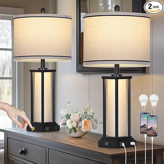27" Tall Vintage Table Lamp Set of 2 with USB C+A & Outlet,Black Industrial End Table Lamp for Living Room,Farmhouse Rustic Bedside Lamps with Frosted Glass Night Light for Bedroom Nightstand,Black - Bloomnest