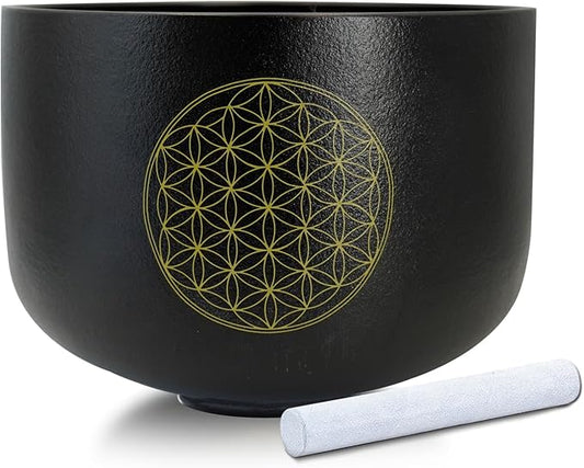 10 inch D Note Black Life of Flower Crystal Singing Bowl Navel Chakra Meditation Sound Healing with Suede Striker O-ring - Bloomnest