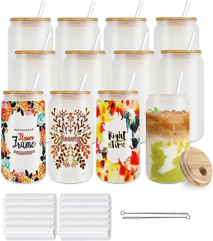 12 pack Sublimation Glass Cups, Frosted 16oz Blanks Beer Can Borosilicate Glasses Tumbler with Bamboo Lids and Straws for Beer, Juice, Soda, Iced Coffee - Bloomnest
