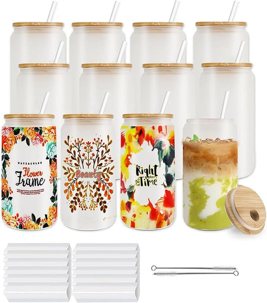 12 pack Sublimation Glass Cups, Frosted 16oz Blanks Beer Can Borosilicate Glasses Tumbler with Bamboo Lids and Straws for Beer, Juice, Soda, Iced Coffee - Bloomnest