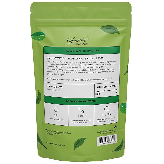 Heavenly Tea Leaves Organic Moringa, Bulk Loose Leaf Herbal Tea, 1 Lb. (Approx. 200 Servings) - Green Superfood, Nutrient Dense, Plant Protein, Rich in Antioxidants and Immune Vitamin - Bloomnest