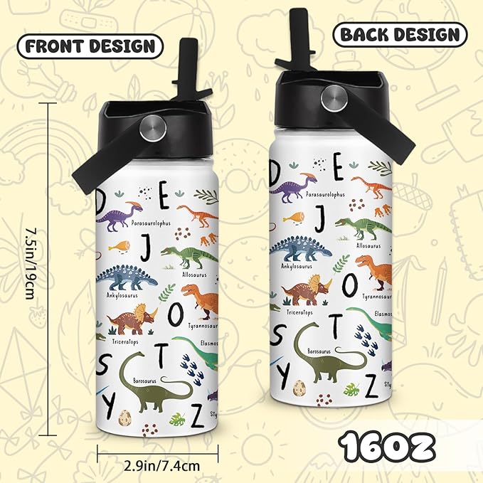 Alphabet Dinosaur Water Bottle for Boys, 16oz Kids Stainless Steel Insulated Water Bottle with Straw Lid, Dinosaur Dino Cup Tumbler Gifts for School - Bloomnest