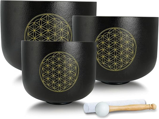 8"B 10"F 12"C Set of 3 Life of Flower Black Singing Bowls Frosted Chakra Quartz Sound Healing Crystal with 1 Mallet Suede 1 Striker 3 O-rings - Bloomnest