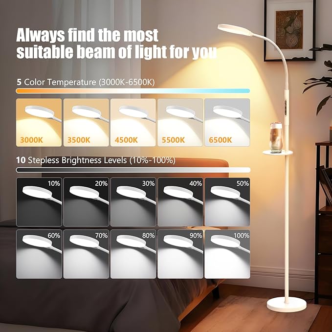 Light Therapy Lamp, 3-in-1 Floor Lamp 11000 Lux, Sunlight Lamp with Remote & Timer, LED UV-Free Sun Lamp with Adjustable 10 Brightness & 5 Color Temperature for Living Room Bedroom Office, White - Bloomnest