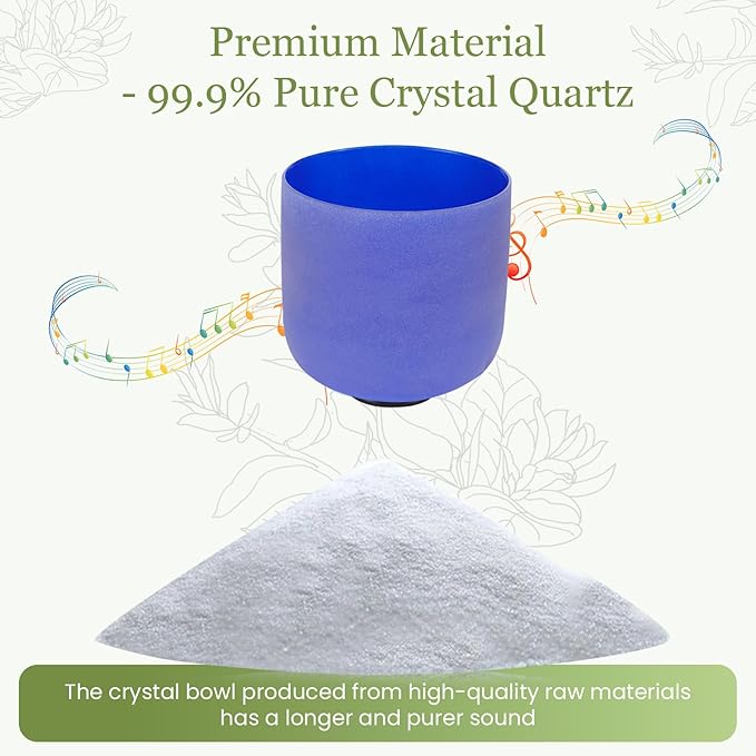 432HZ 7 Inchs Frosted Crystal Singing Bowl Set for Meditation Healing Yoga Chakra Quartz Crystal Sound Bowls with Heavy Duty Carry Case and Rubber Mallet,Suede Striker,O-rings - Bloomnest