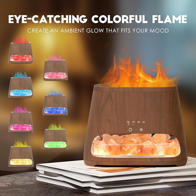 SALKING Colorful Flame Fire Diffuser Humidifier, Himalayan Salt Lamp, 7 Colors Changing Oil Diffuser, Ultra-Quiet Essential Oils Aromatherapy Diffusers for Large Room, Bedroom,150ml (Dark)