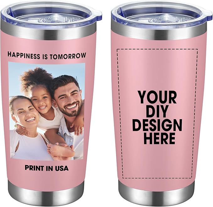 Personalized Custom Tumbler Print in USA 20oz Stainless Steel Coffee Cup with Lid & Straw Double Wall Insulated Tumbler with Colorful Text Logo Photo - Bloomnest