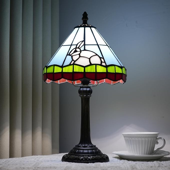 Tiffany lamp 8 inch small stained glass lamp fairy tale white rabbit bedside lamp suitable for bedroom dormitory dining room living room Tiffany style retro home decoration handmade children's gift - Bloomnest
