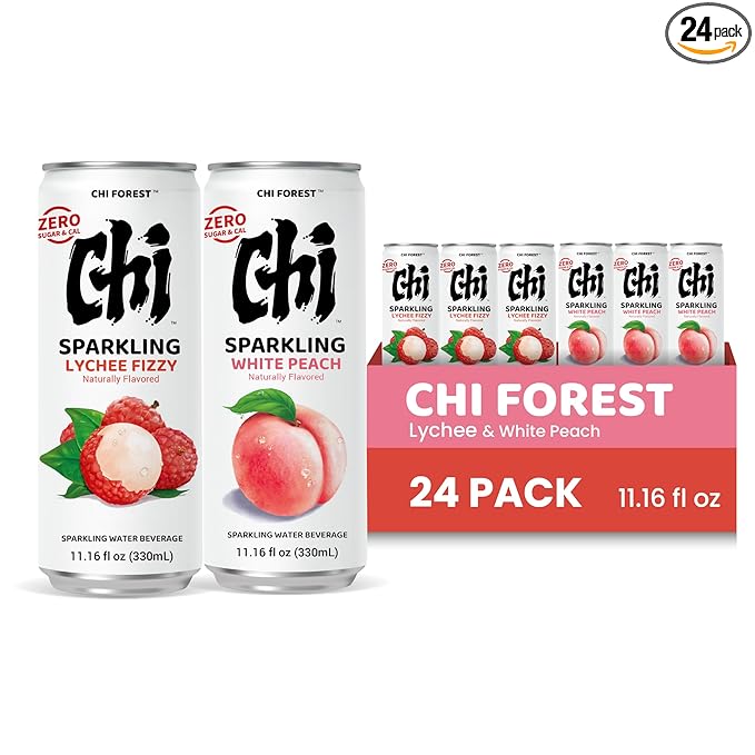 CHI FOREST Sparkling Water Beverage, Lychee & White Peach, 2 Flavors, Zero Sugar, 11.16 fl oz Cans (Pack of 24) - Bloomnest