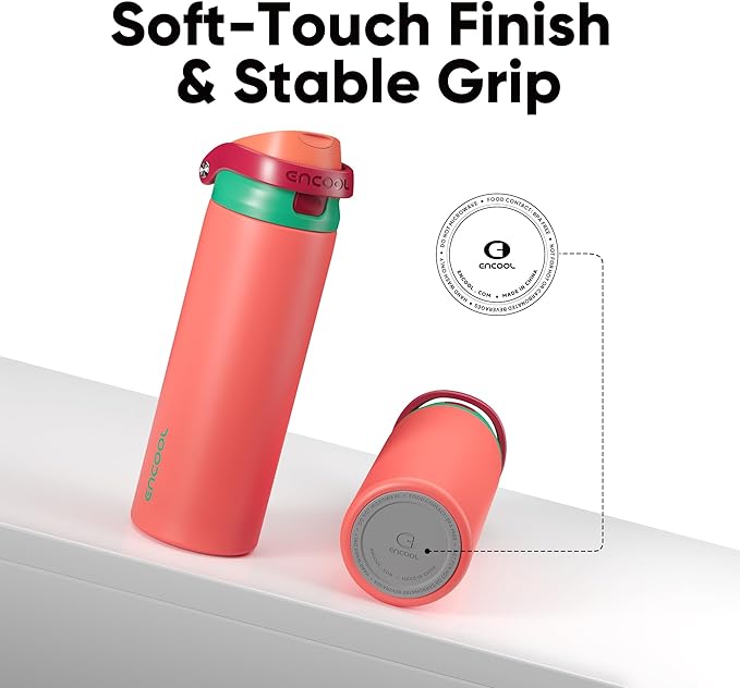 ENCOOL Leakproof Insulated Water Bottle with Straw Dual-Sip Water Bottle Bag-Safe Design for Work, Commute & Gym – Keeps Drinks Cold All Day, 24 oz, Coral Red ENCOOL