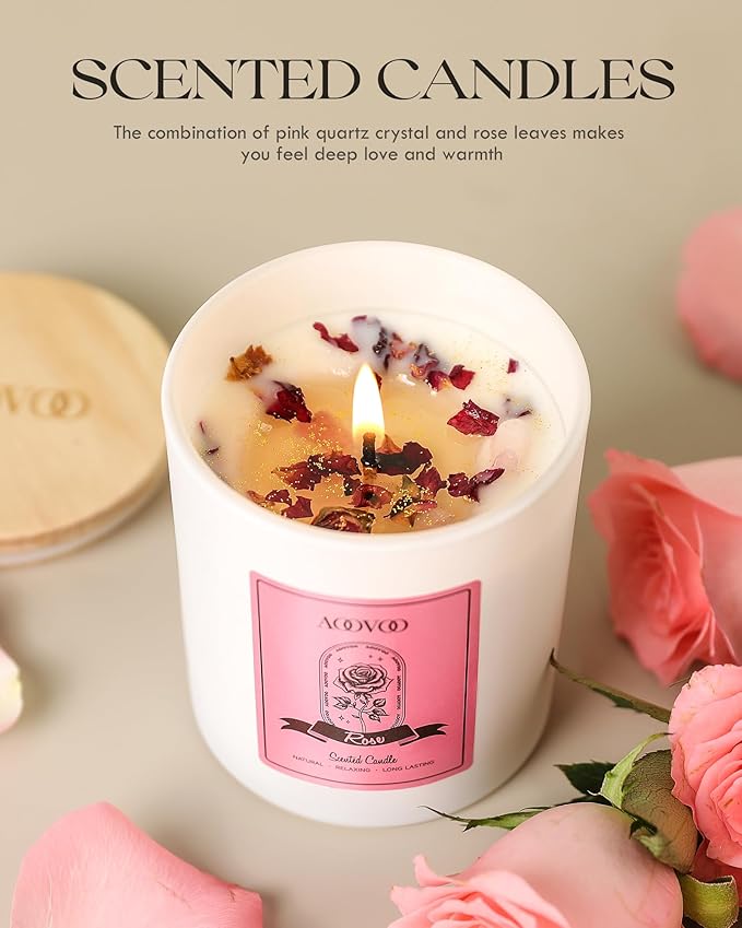 AOOVOO Rose Scented Candles for Women - Aromatherapy Candle with Crystals Inside, 10oz Soy Candles for Home Scented, Birthday Gifts Christmas Candle for Mom Women - Bloomnest