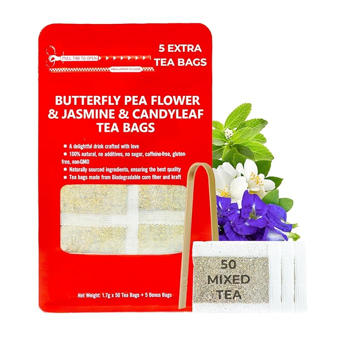Butterfly Pea Flower Tea with Jasmine & Stevia - 55 Count (+5 Tea Bags) - 4.44 oz, Bamboo Tong, No Sugar Added & No Additives, Re-Steep Natural Herbal Tea Blend for Skin,Support - Bloomnest