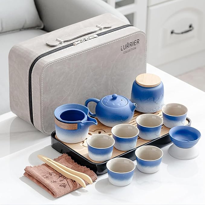 LURRIER Gongfu tea sets, Portable Ceramic TeaSet, Asian Tea sets for adult, Tea Gift sets, Grey leather case, Portable Travel Bag,Home,Gifting,Outdoor and Office(XBlue and White) - Bloomnest
