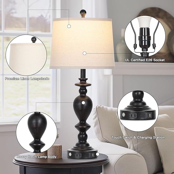 28" Black Farmhouse Table Lamps Set of 2 with USB C+A Ports & AC Outlet for Vintage Living Room Rustic Bedroom,3-Way Dimmable Touch Lamp Retro Resin Bedside Lamps for Nightstand Side Table - Bloomnest