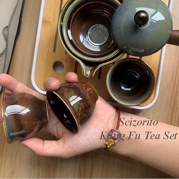 Ceramic Portable Travel Tea Set, Chinese Kungfu Tea Set with 360 Rotation Teapot and Infuser, 4 Tea Cups, Tea Tray And Travel Bag (Kiln Variant)