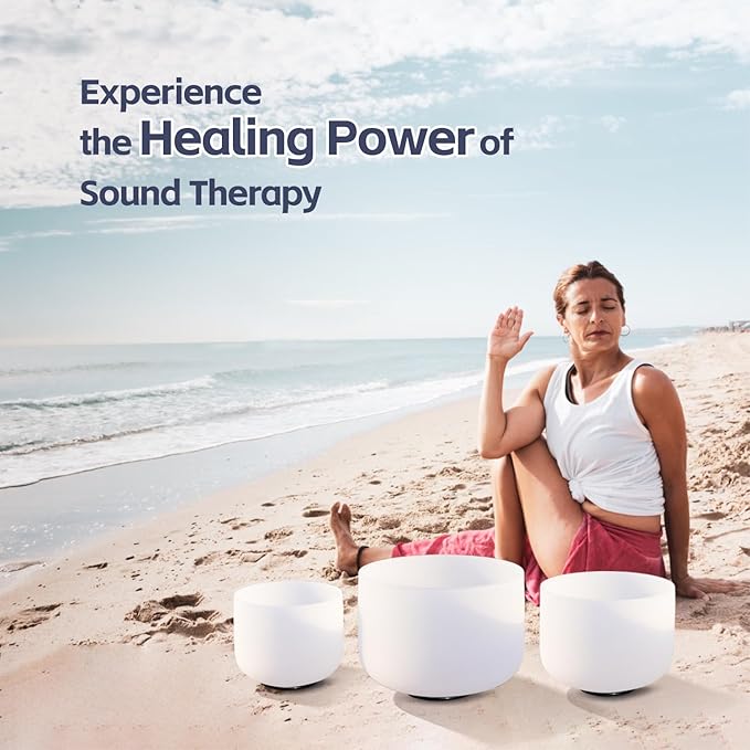 440HZ Sound Healing 8''-12'' Set of 3 Crystal Singing Bowls, Frosted Chakra Quartz Crystal Sound Bowl 8'' A Third-Eye, 10'' F Heart, 12'' C Root With Carry Bags and Mallet - Bloomnest
