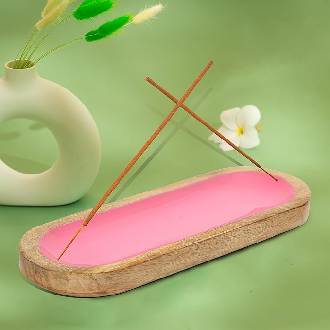 Hand Painted Pink Incense Holder-Incense Burner/Ash Catcher/Handmade Wooden Insence Tray – Modern Gift Home/Room/Kitchen Décor Size 11x4x1.2 Inches - Bloomnest