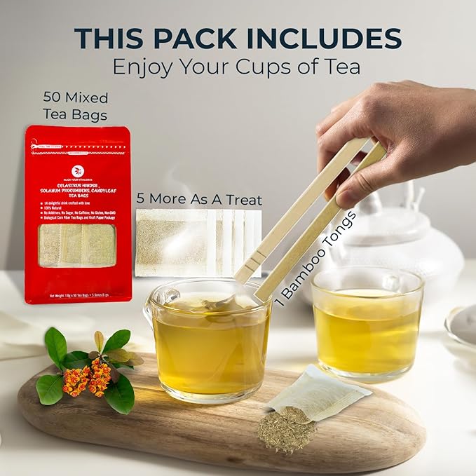 Natural Celastrus Hindsii Tea with Solanum Trilobatum & Stevia - 55 Count (+5 Tea Bags) - 4.59 oz, Bamboo Tong, Re-Steep Herbal Detox Tea Blend for Relax, Energy & Inner Health Support - Bloomnest