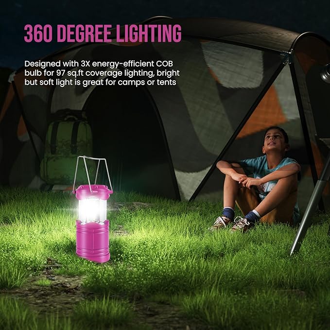 Lichamp LED Camping Lantern, 4 Pack Battery Powered Flashlight for Power Outages, Portable Collapsible Hanging Light Essential for Home, Outdoor, Emergency Lamp Survival Kit Gear for Hurricane, Pink - Bloomnest