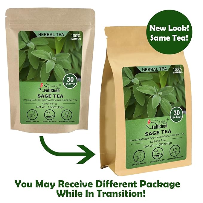 FullChea - Sage Tea Bags - 30 Count X 1.5g - Premium Natural Cut & Sifted Sage Leaf - Non-GMO - Caffeine-free - Rich in Antioxidants & Respiratory Support - Bloomnest