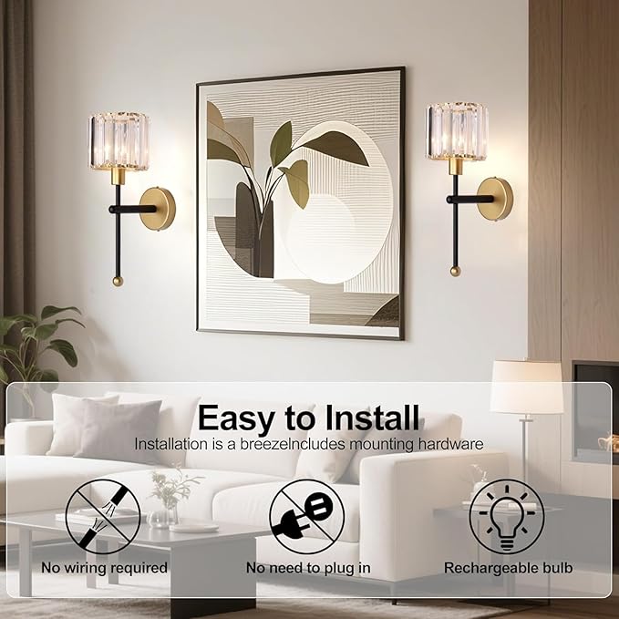 Modern Glass Crystal Wall Sconces Battery Operated Set of 2, Gold Rechargeable Wall Lights with Remote,Non Hardwired Clear Wall Lighting Fixture Black for Bedroom Bathroom Living Room Porch - Bloomnest