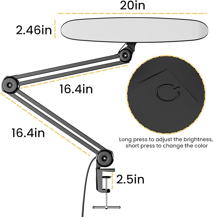 3000 Lumens Adjustable LED Desk Lamp & Task Lamp - Bright, Dimmable Lighting for Office, Crafts, Nails &Salon Hobbies with Clamp (CCT, Black) - Bloomnest