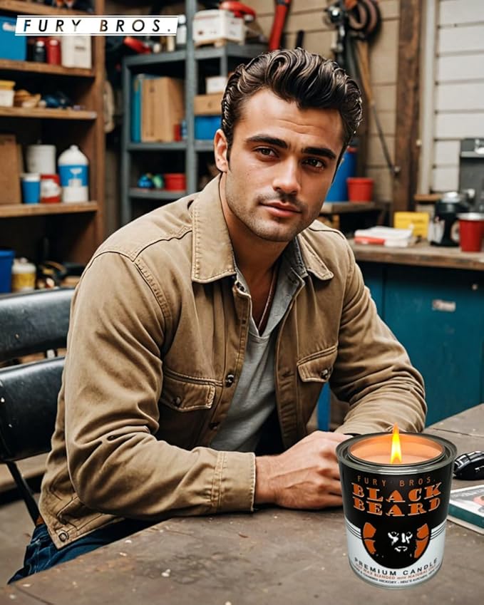 Fury Bros. Scented Candles for Men | Black Beard | Gunpowder & Charred Hickory | Natural Soy Wax | Hand-Poured in the USA | Long 70-80 Hour Burn (12.5 oz) | Vintage-inspired Tin Design | Dad Home Gift - Bloomnest