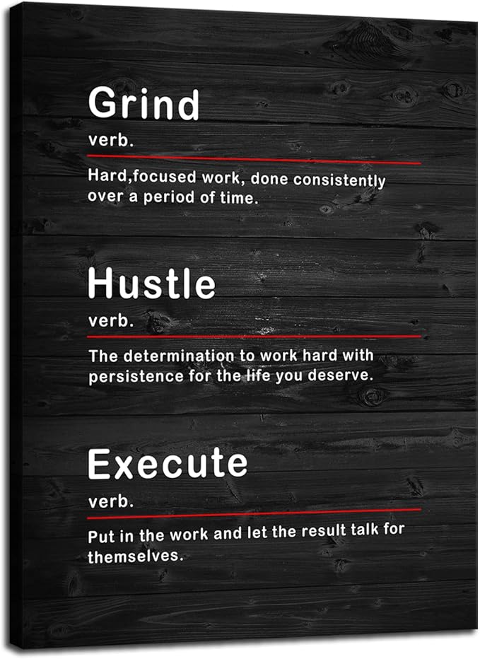 Motivational Canvas Wall Art Grind Hustle Execute Verb Inspirational Painting Inspiring Entrepreneur Quote Posters and Prints Artwork Home Office Wall Decor Framed Ready to Hang[30''W x 40''H] - Bloomnest