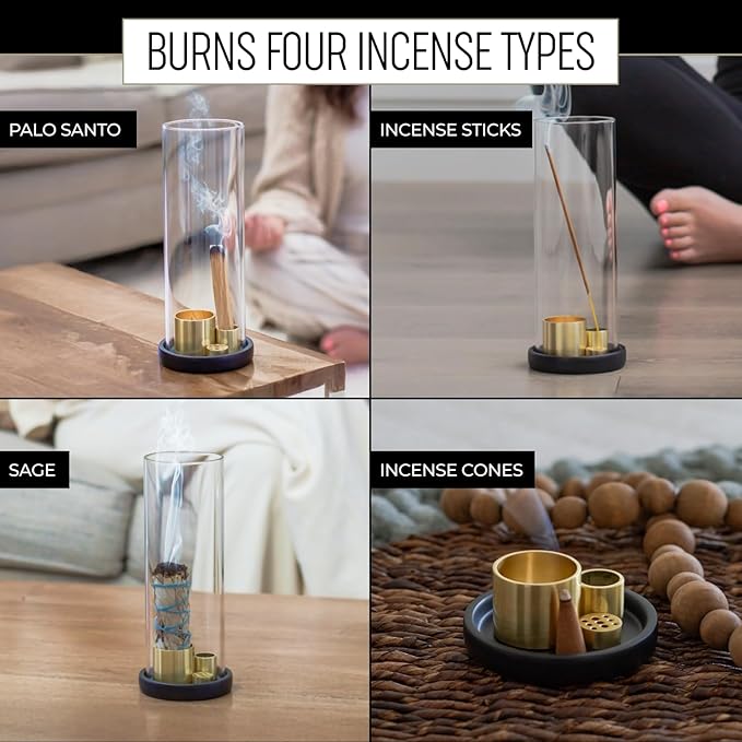 4 in 1 Ceramic Incense Burner with Glass Ash Catcher, Incense Holder for Sticks, Palo Santo, Sage and Cones - Ceramic Ash Catcher Tray for Meditation Yoga Room Home Decor - Black - Bloomnest