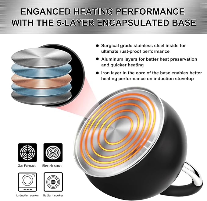 Whistling Tea Kettle for Stove Top Stainless Steel Tea Pot with Ergonomic Silicone Handle Teapot for Stovetop 3.2 Quart / 3 Liter Black - Bloomnest