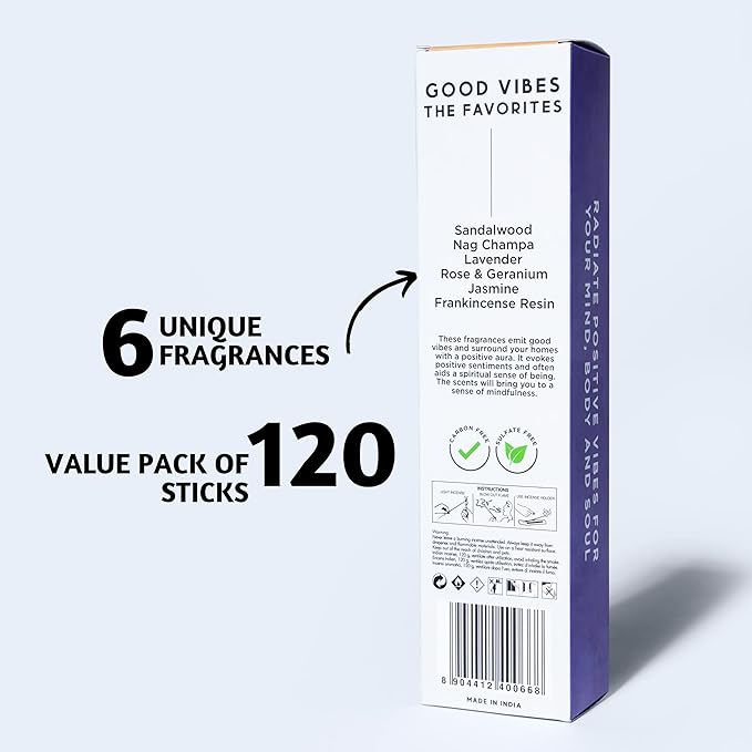 Folkulture Incense Sticks (120 Sticks) | Set of 6 Premium Incense For Meditation, Aromatherapy | No Charcoal,Organic, Non Toxic, 45 Mins, Long Burning Lavender, Frankincense, Nag Champa Insence-Sticks FOLKULTURE