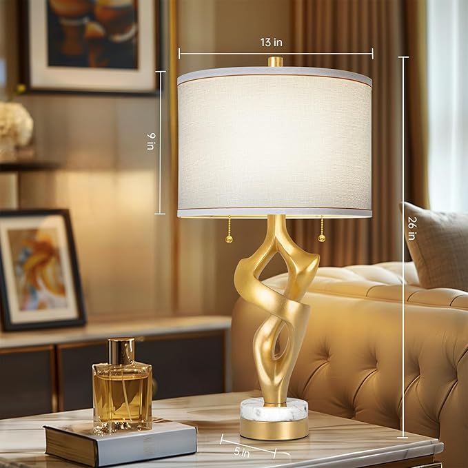 Scenekoy Sculptural Table lamp Set of 2 for Living Room with Marble Base & USB Ports, Gold Leaf Finish Rustic Bedside Lamps with S Cluster Pull Chains Switch, Nightstand Lamp for Office Hotel Bar - Bloomnest