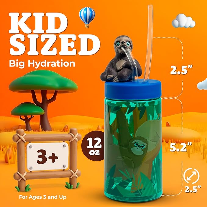 Kids Water Bottle, Toddler Cups, Tumbler with Lid and Straw, Travel Sippy Cup for Water or Milk, Kids Cups with Lids for Toddlers 3 and Up, BPA Free Plastic, 12 oz (Trend Zoo Sloth) - Bloomnest
