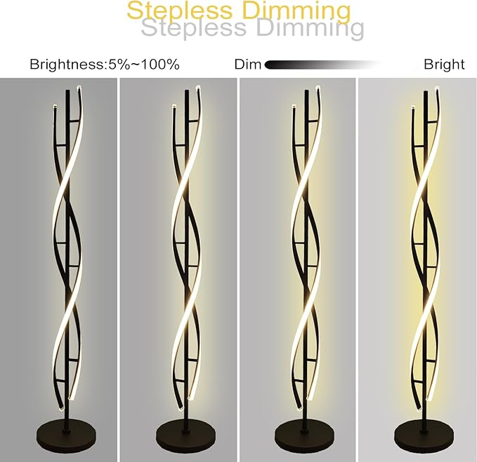61" LED Floor Lamp for Living Room, 40W 3 Colors Stepless Dimmable and Color-Changing Bright Floor Standing Lamp,Unique Spiral Floor Tall Lamp for Bedroom Office with Remote (Black) - Bloomnest