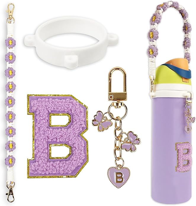 Compatible with Owala Water Bottle Accessories, Cute Letter Charm Set with Boho Handle Strap, Monogram Sticker, Silicone Ring, Keychain Decoration, for FreeSip 24 32 40oz, Owala Kids, Tumbler Gift SITKOL
