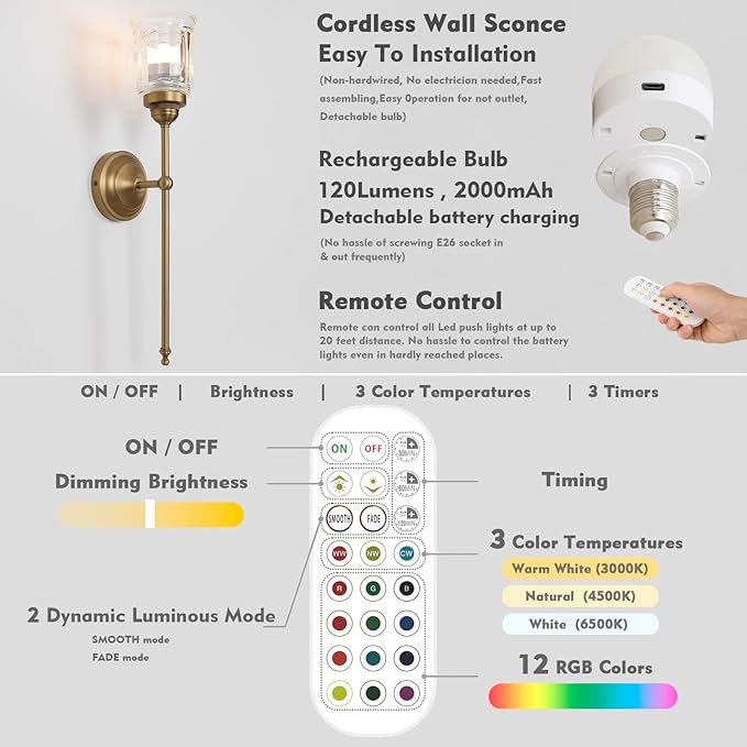 HEQIQEH Vintage Rechargeable Battery Operated Wall Sconces Set of 2 with Clear Fringe Glass Shade, Dimmable Cordless Wall Mounted Lamp Fixtures with Remote Control for Living Room Bedroom Stairs - Bloomnest